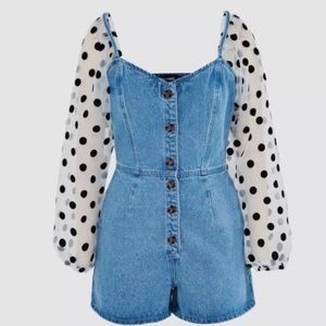 Misguided denim romper with polka dot sleeves! Never worn